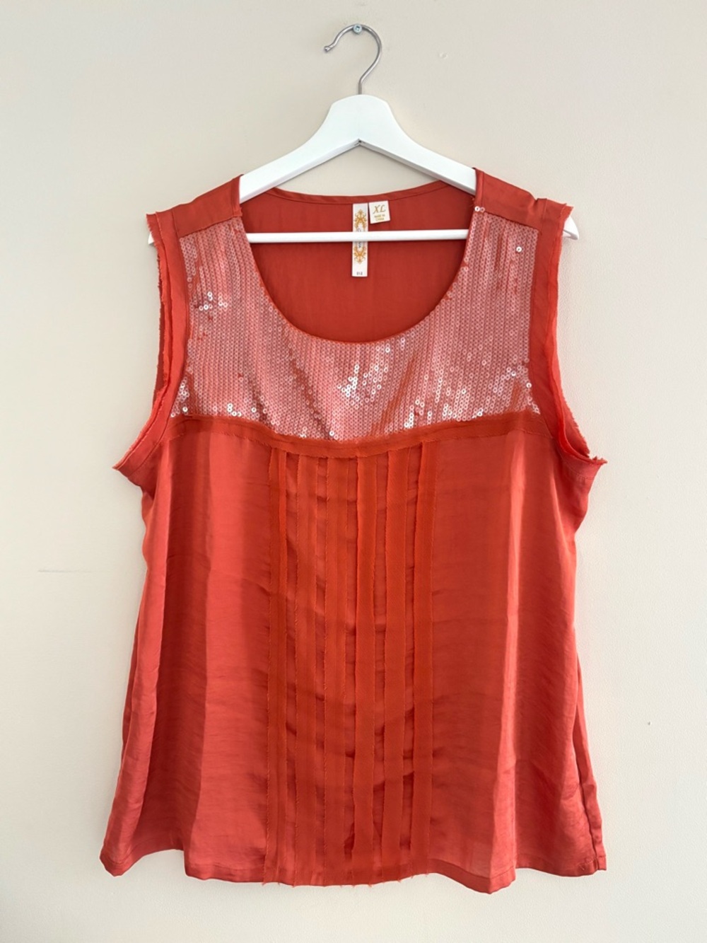 Adiva Sequin & Pleated-Front Sleeveless Blouse Size XL Burnt Orange - Pre-Owned